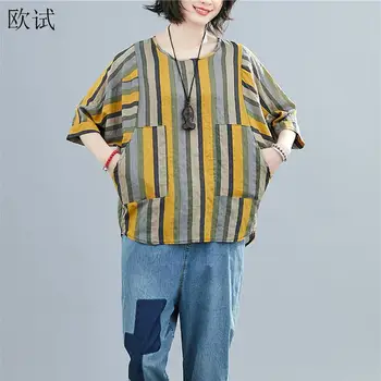 Plus Velikosti Pruhované Letní Tričko 2020 Ženy Bavlněné Povlečení Tričko Batwing Rukávem Vintage Tee Shirt Femme Dámské Tričko 4XL Vogue