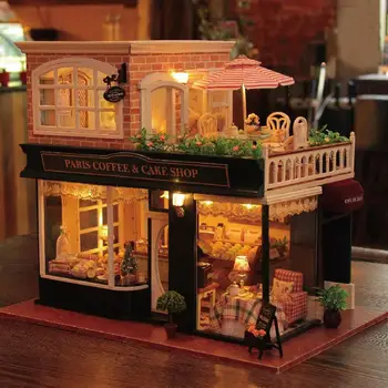 Dřevěný dům DIY doll house francouzská káva turné po Velké Ruční model domu Valentýna dárek k narozeninám