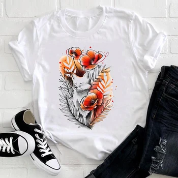 Ženy Krátký Rukáv Flower Kawaii Roztomilý Fox Jaro Léto Zvířat, Oblečení Dámy Grafický Tisk Tričko Top Tričko Ženy T-shirt