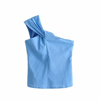 Jedno rameno nepravidelné halenka tričko ženy topy Letní modré tričko halenka košilku femme Elegantní s hlubokým výstřihem volánky blusas