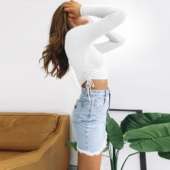 LVINMW Sexy Kulatý Výstřih Dlouhý Rukáv Boční Stahovací Skládaný Crop Top 2020 Podzim Ženy trička Solid Casual Slim Topy Streetwear