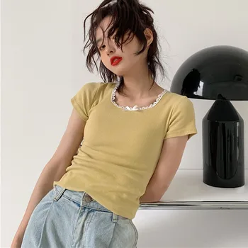 Ženy korejský Styl Sladký, T-košile jednobarevné Letní Krátký Rukáv Náměstí Límec Tričko Pletené Tenký Svetr Top s Mašlí