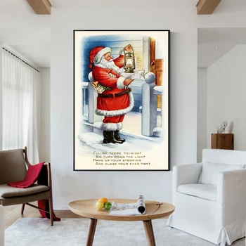 Vintage Santa Lucerna Plátno, Obrazy Vánoční Plakáty a Tisky Santa Claus Obrázky Pro Obývací Pokoj Domácí Dekor Wall Art