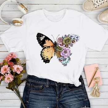 T-košile, Ženy 2021 Květinové Butterfly Roztomilý Vintage Letní Oblečení 90 Tričko Top Lady Tisk Šaty Grafické Female Tee T-Shirt