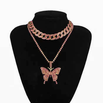 Módní Retro hip hop Cuban link chain velký motýl Přívěsek náhrdelník pro ženy sada Crystal Obojek Náhrdelníky Šperky dívka