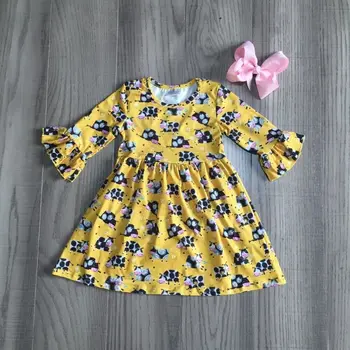 Girlymax děti, holka, podzim, mléko kráva tisku sukně dívky farm šaty dívka žluté šaty s mašlí