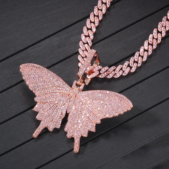HIP HOP Vlastní Růžový Motýl Přívěskem Náhrdelník Kombinace Slova S Názvem Velká Spona Řetězu Kompletní Ledový Zirkony Šperky
