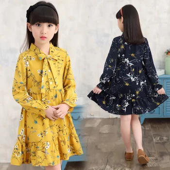 Dívka letní šaty s dlouhým rukávem dětské šaty květinové šaty 3 5 8 10 12 let holka vestidos enfant žlutá bílá korejské šaty