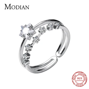 Modian Real 925 Sterling Silver Double Layer Twinkle Star CZ, Nastavitelný Otevřít Svatební Zásnubní prsten Pro Ženy Módní Šperky