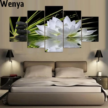 Moderní Domácí Zeď Umění Dekorace Rám Modulární Obrázky 5 Kusů Bílého Lotosového Květu Voda Dlažební kostky HD Tištěné Plátno Obrazy