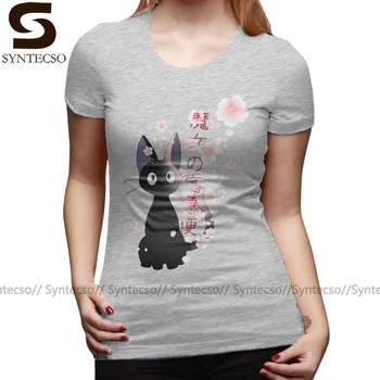 Japonsko Cat T-Shirt Jiji Tričko Krátký Rukáv Tisk Ženy tričko Letní Nadrozměrné O Krk Bavlna Nové Módní Šedé Dámské Tričko