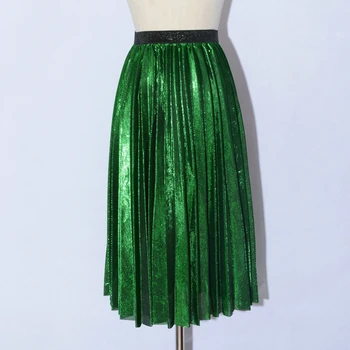 TingYiLi Midi Sukně Dámské European Fashion Vysokým Pasem Skládaná Sukně Dámské Dívky Černá Zelená Stříbrná Zlatá Lesklá Sukně