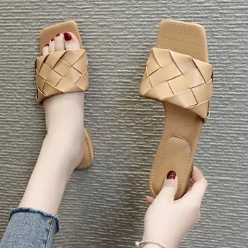 Ženy Sandály Pantofle Boty 2020 Nové Značky Weave Kůže Open Toe Ploché Ležérní Skluzavky Letní Venkovní Pláž Žena Žabky