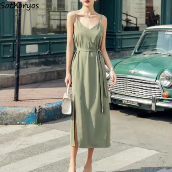 Šaty Ženy Solid V-neck Módní Šifon korejský Styl Boční štěrbinou Sexy Elegantní Dámské Šaty A-line Špagety Popruh Streetwear Jednoduché