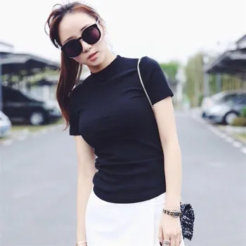 T-košile, Ženy Solidní Letní Krátký Rukáv Elegantní Módní Dámské korejský Styl Rolák Vysoce Kvalitní Ležérní Hot Prodej Slim Topy
