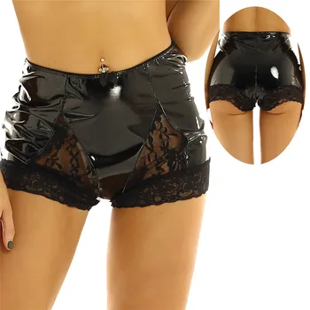 TiaoBug Ženy Černé Patent Kožené Krajky Patchwork Kalhotky Sexy Spodní Prádlo Vysokým Pasem Spodní Prádlo Boyshorts