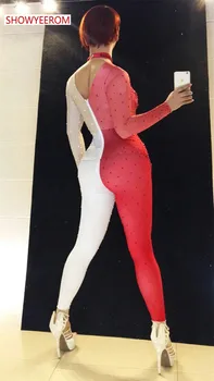 Dámské sexy Červené bílé barvy drahokamu třpytivé luxusní kombinézu kombinéza kombinéza model dance singer klub jevištní kostým
