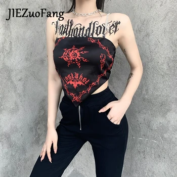 JIEZuoFang Pletení Punk Lomítko Krku Ženy T-Shirt Černá Gothic Styl Bez Rukávů Sexy Žena Roku 2020 Nové Letní Krátký T-Shirt