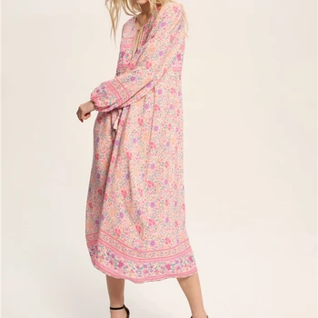Boho Queens elegantní šaty růžové květinové tisk beach dlouhé Bohémské es midi Dámské Letní hedvábí vestidos