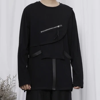 Pánské nové tričko Yamamoto tmavý výklenek design zip šití kapsy, popruhy dna s dlouhým rukávem T-shirt