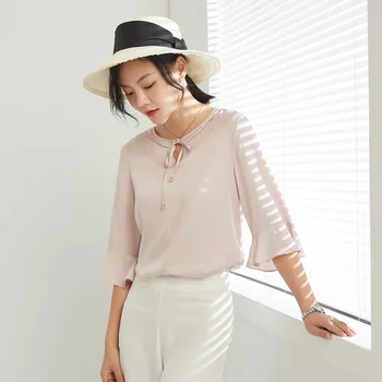 [Nový produkt] Jin Ju jaro a léto nový styl motýlek s rozšířenými rukávy hedvábí mulberry hedvábí T-shirt ženy nový uvedení produktu na trh