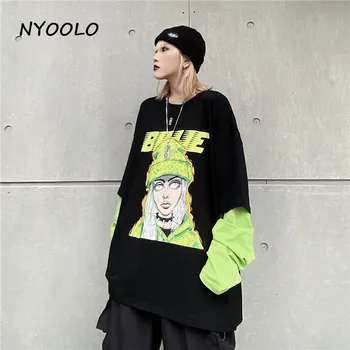 NYOOLO Harajuku street falešné 2 kusy patchwork anime, hip hop portrét tisk dlouhý rukáv T-shirt ženy Podzim pulovry punk topy