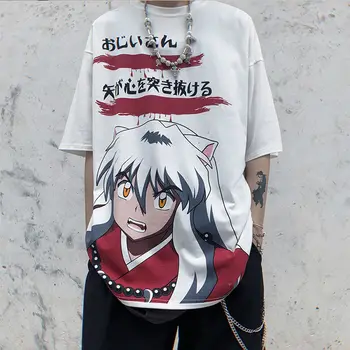 Inuyashu Streetwear Tričko Nadrozměrné Harajuku T-košile Mužské Neformální Japonsko Tričko Vtipné Volné Letní Pár High Street Topy Tričko