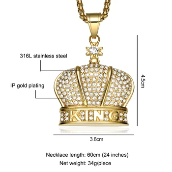 HIP Hop Bling Ledový Král Korunu Náhrdelník Plný Drahokamu 316L Nerezové Oceli Gold Náhrdelníky & Přívěsky Šperky pro Muže