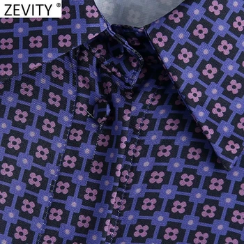 Zevity 2021 Ženy Vintage Geometrické Tisk Ležérní Halena Halenka Office Lady Zase Dolů Límec Košile Blusas Elegantní Jarní Topy LS7502