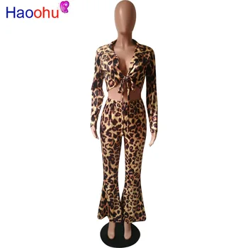Sexy Leopardí Dvoudílné Oblečení Dlouhý Rukáv Obvaz Crop Top+Flare Kalhoty Set Streetwear Podzim 2019 Ženy Festival Oblečení