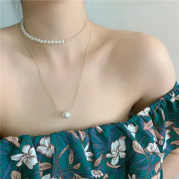 Korea Šperky francouzské Romantické Perlové Řetězce Jednoduché, Dvojité vrstvy Klíční kost Řetěz Náhrdelník pro Ženy 2021 Trend Šperky