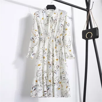 Vestidos Oblečení Letní Korejské Ženy Šifon Šaty Elegantní Dámy Vintage Midi Šaty Boho Květinové Kanceláře Dlouhý Rukáv Šaty
