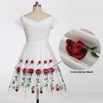 Tonval Růže Květ Výšivky V krku Elegantní Šaty Skládaný Mesh Překrytí Květinové Bílé Šaty Ženy Vintage Styl Party Šaty