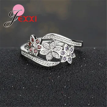 Elegance Třech Barevných CZ Crystal Květinové Prsten Ženy, Dívky Módní 925 Sterling Silver Prsten Svatební Lady Šperky