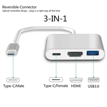 3 v 1 Přenosný Rozbočovač Adaptér USB Typu C Rozbočovač HDMI 4K Podporu, Žádný Extra Ovladač USB-C Dock pro MacBook/Pro/Air