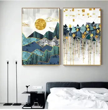 Nordic Abstraktní Geometrické Horské Krajiny Wall Art Malířské Plátno Golden Sun Art Print Nástěnné obrázky pro Obývací Pokoj