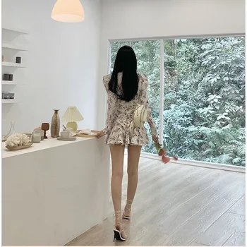 Nové Mini Květinové Šaty Dámské Vysokým Pasem A-Line Dlouhý Rukáv Vintage Šaty Retro Šifon Korean Elegantní Módní Žena Oblečení