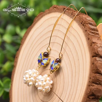GLSEEVO Přírodní Perla Granát Cloisonne Motýl Náušnice Pro Ženy Zásnubní Osobní Dlouho Ušní Háček Luxusní Šperky GE0973