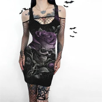 3D Halloween Party Dress Skull Flower Print Y2k Šaty Ženy bez Rukávů Punk Harajuku Gotické Šaty Sexy Street Dámské Oblečení