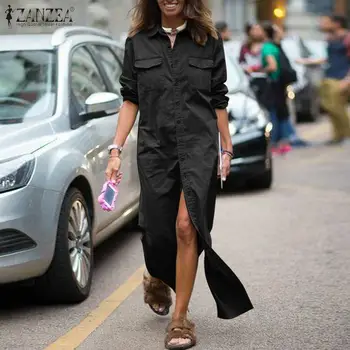 Plus Velikosti Ženy Podzim letní Šaty ZANZEA 2021 Módní Solid Tričko Split Maxi Šaty Ležérní Vestidos Ženy Klopě Tlačítko Plášť Femme