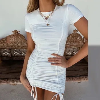 Zoctuo Bílé Elegantní Ruched Bodycon Šaty Dámské Krátký Rukáv Mini Šaty Party Ležérní Sexy Midi Šaty Ženy Letní Vestidos 2020