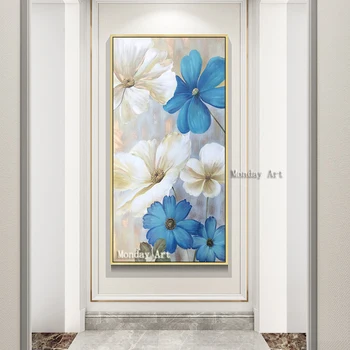 Velké Velikosti Ručně Malované Moderní Abstraktní Modré a Bílé Květinové olejomalba Nástěnné Dekorativní Plátno Umění Obraz pro obývací pokoj