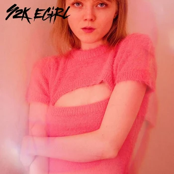 Y2K EGIRL Sladké vydlabat Shaggy Bodycon Svetr Šaty Podzim Vintage Hot Pink Stojan Límec Krátký Rukáv Mini Šaty Partywear