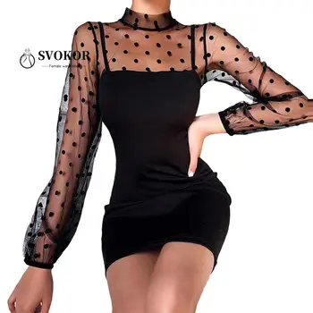 SVOKOR Dot Mesh Šití Mini Šaty Elegantní Šaty Černé Dlouhý Rukáv ženy, Sexy Club Šaty Ženy Létě roku 2020