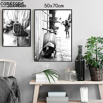 Černá A Bílá Vintage Plakát Starý Fotoaparát Wall Art Malířské Plátno Motocykl Girl Otisky Nordic Plakát, Nástěnné Obrázky Domova