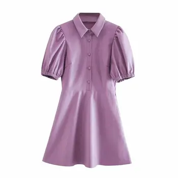 2020 Nové Dámské Šaty z Umělé Kůže s Límečkem krátký bafat rukávy Mini Šaty Ležérní Módní Ženy vestidos femme župan
