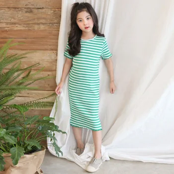 Nový 2020 Létě Velké Holky T Košile Šaty Korean Stretch Baby Stripe Šaty Děti, Středně Dlouhé Šaty Dospívající Dívky Zelená Růžová trička