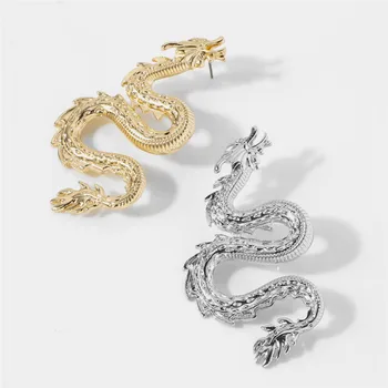 Punk Gold Dragon Náušnice Pro Ženy Elegantní Vintage China Dragon Kovové Prohlášení Velké Náušnice Šperky Bijoux Femme