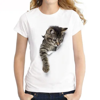Čarodějky 3D Kočka Tisk Ležérní Harajuku Ženy T-Shirt Letní Krátký Rukáv Ležérní Kolem Krku Bílé Bavlněné Ženský Top Tee