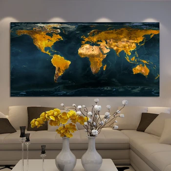 Zlatý Svět Mapa Obrazy Plakáty a Tisky Wall Art Plátno Obrazy pro Obývací Pokoj Cuadros Dekorace Home Dekor Bez Rámu